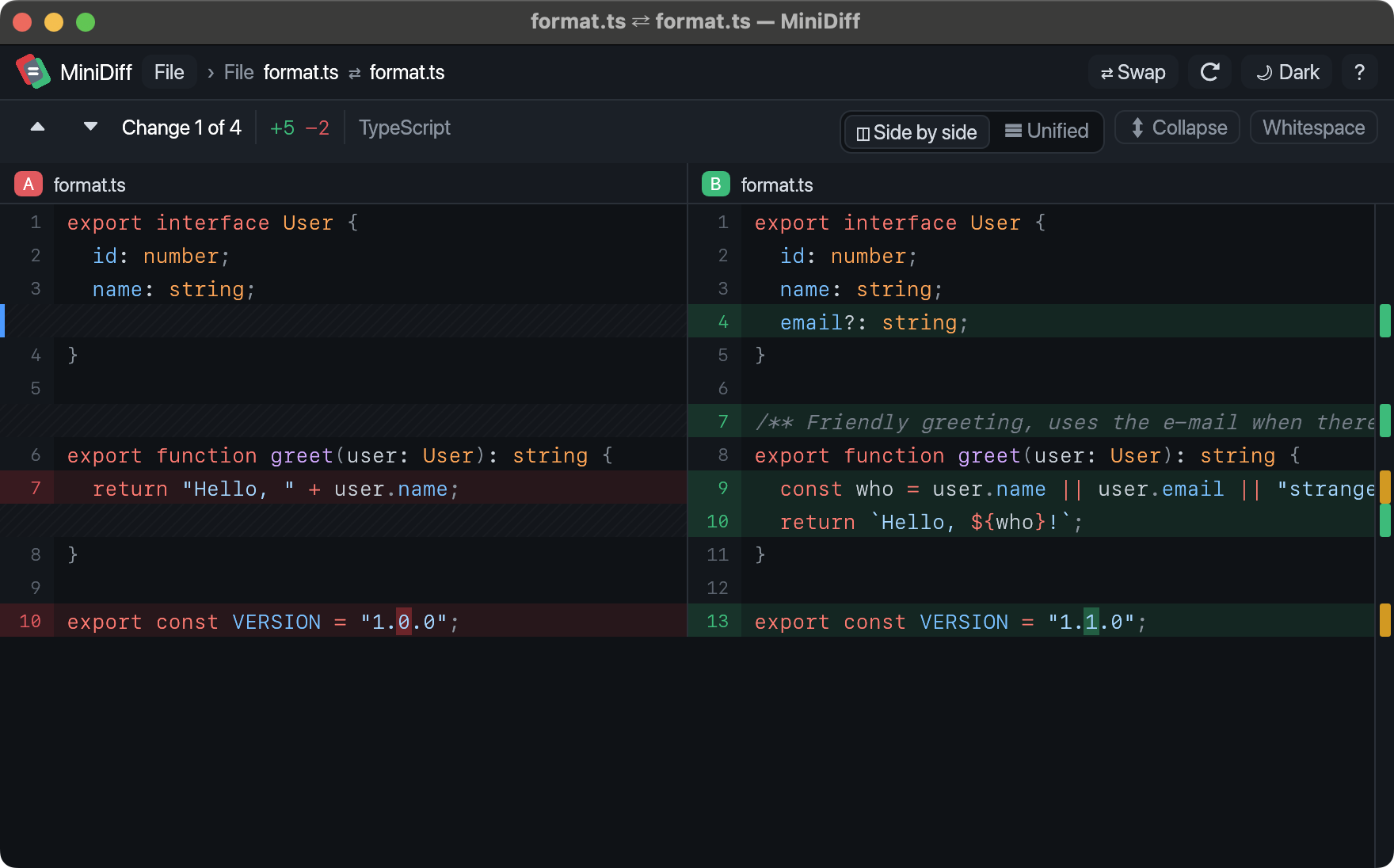 MiniDiff comparing two TypeScript files side by side, with changed lines and words highlighted.