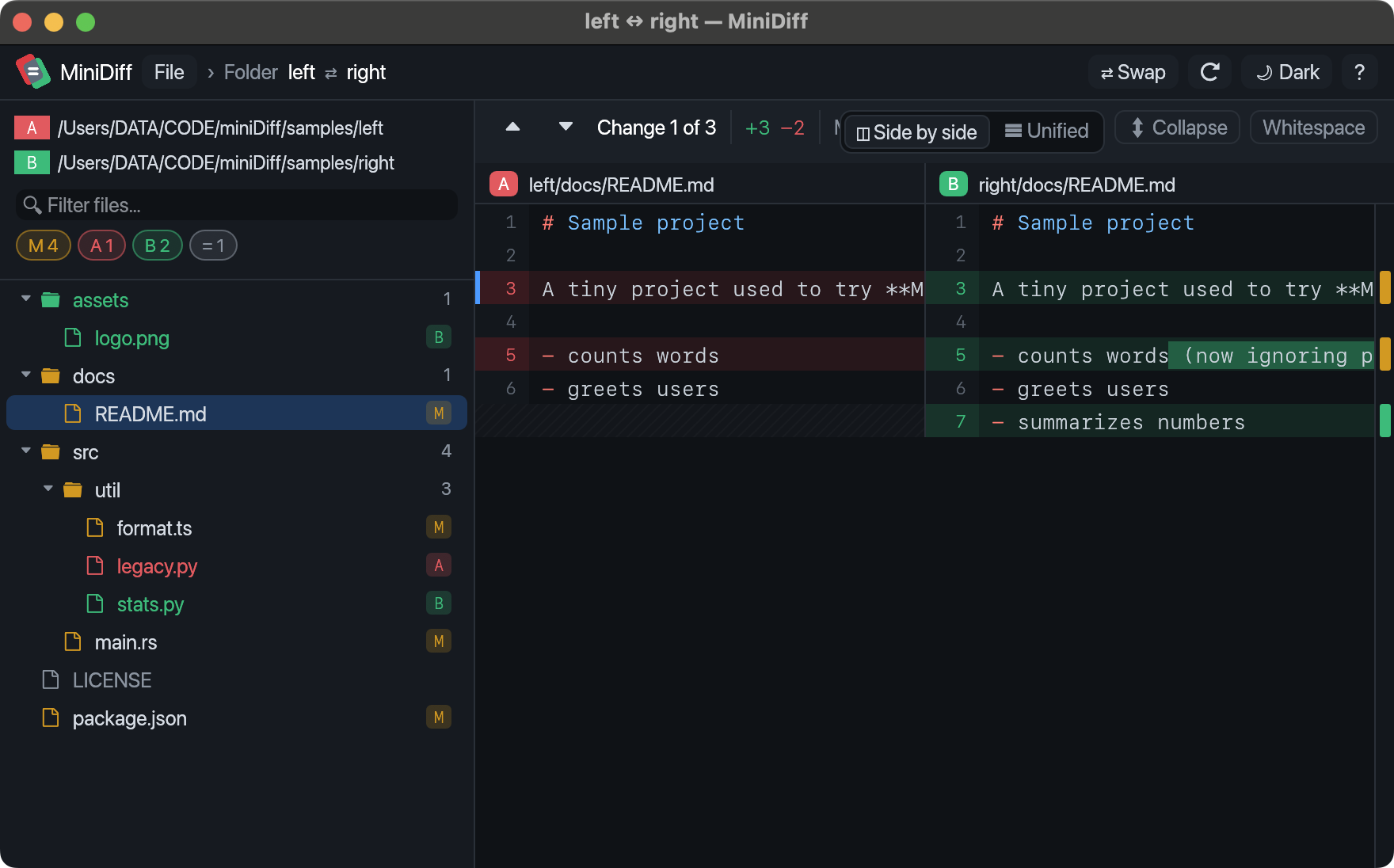 A folder comparison showing the file tree on the left and the selected file’s changes on the right.