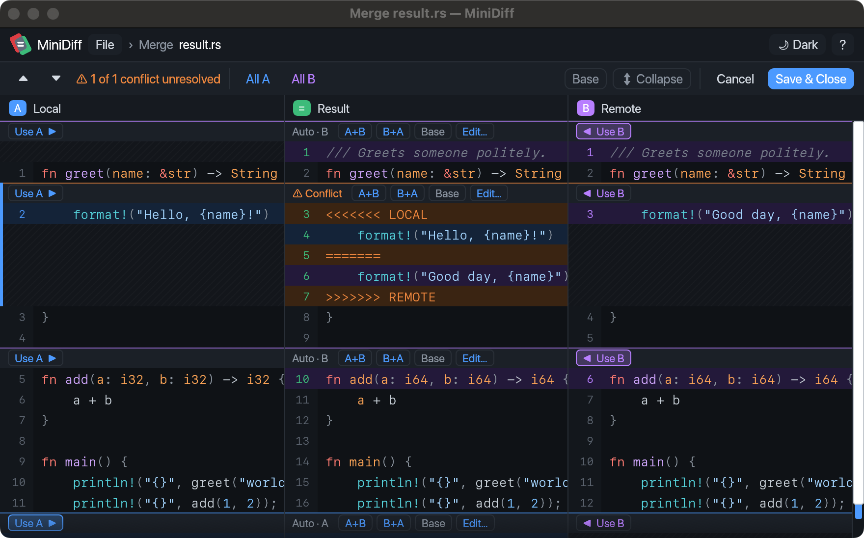 A three-way merge with local changes, the editable result, and remote changes.